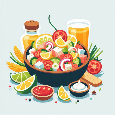 Fresh vegetable salad in a bowl. Vector illustration in flat style.のイラスト素材