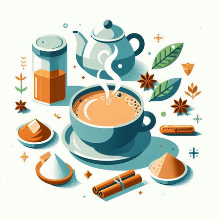 Cup of coffee, cinnamon, anise, sugar, spoon, sugar, tea leaves. Vector illustrationのイラスト素材