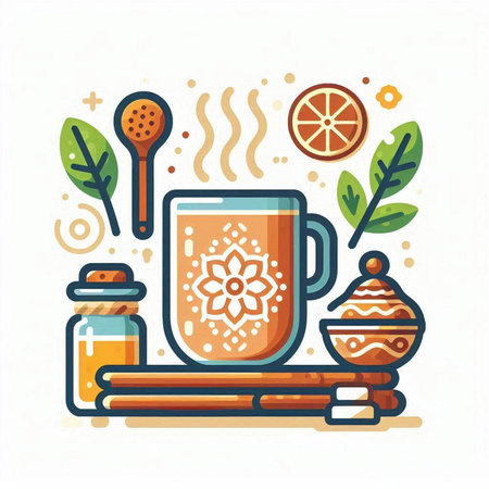Cup of tea with cinnamon, orange and honey. Vector illustration.のイラスト素材