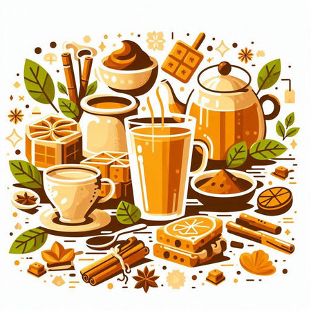 Cup of tea with cinnamon, anise, cookies and sweets. Vector illustration.のイラスト素材