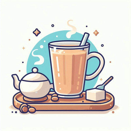 Coffee cup and teapot on wooden tray. Vector illustration.のイラスト素材