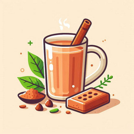 Cup of hot tea with cinnamon, ginger and chocolate. Vector illustration.のイラスト素材
