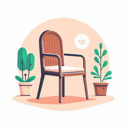 Chair in the room with plants. Vector illustration in flat style.のイラスト素材