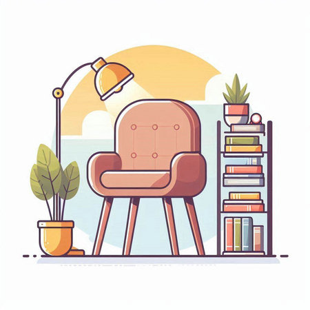 Living room interior with armchair, bookshelf, lamp and plants. Flat vector illustration.のイラスト素材
