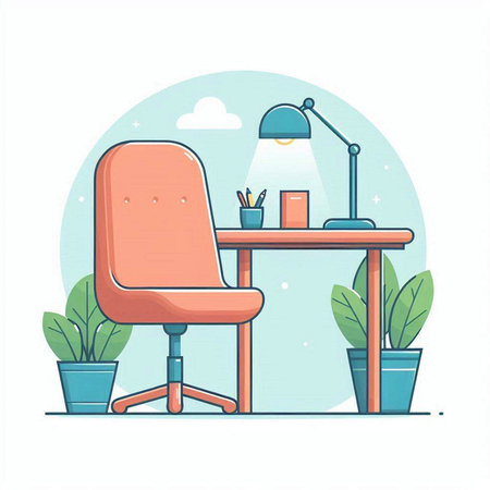 Workplace, home office. Workplace with chair, desk, lamp and plants. Vector illustration in flat styleのイラスト素材