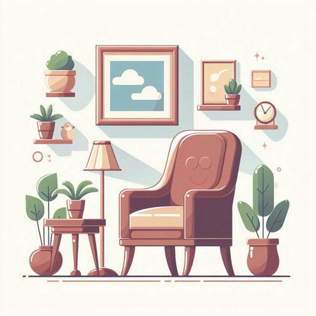 Living room interior with armchair, table, lamp, plants and other objects. Vector illustration.のイラスト素材