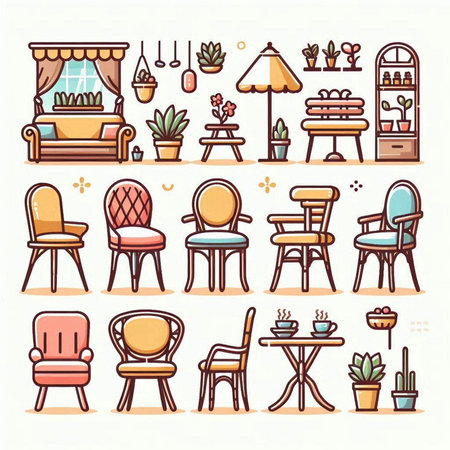 Set of furniture icons in line art style. Furniture elements. Vector illustrationのイラスト素材