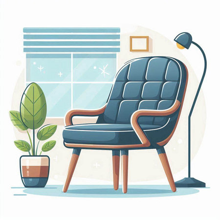 Vector illustration of modern living room with armchair, lamp and plant.のイラスト素材