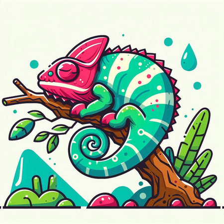 Cute cartoon chameleon on the tree. Vector illustration.のイラスト素材