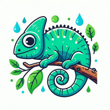 Cute cartoon chameleon on a branch. Vector illustration.のイラスト素材