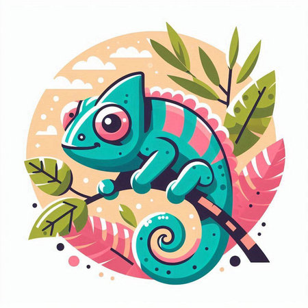 Cute cartoon chameleon on the background of tropical leaves. Vector illustration.のイラスト素材