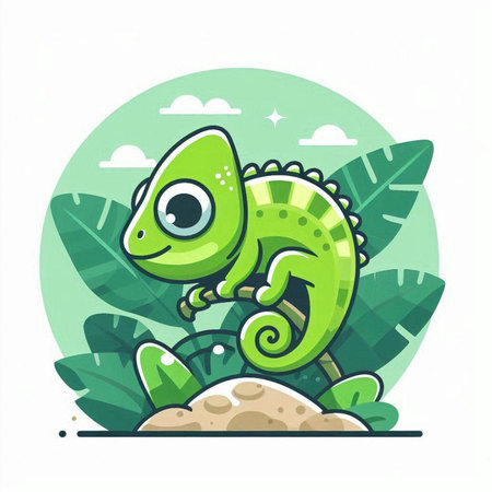 Cute cartoon chameleon on green background. Vector illustration.のイラスト素材