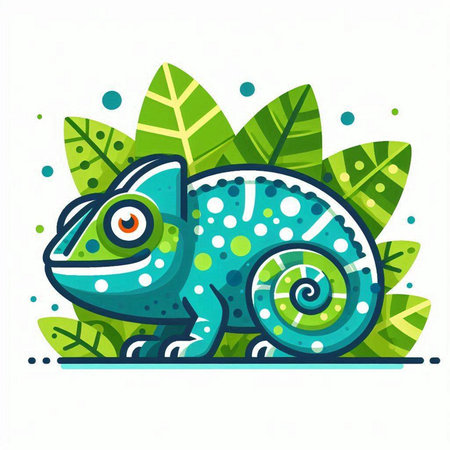 Cute cartoon chameleon on green leaves background. Vector illustration.のイラスト素材