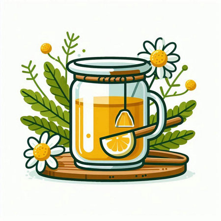 Cup of tea with lemon and honey. Vector illustration in cartoon style.のイラスト素材