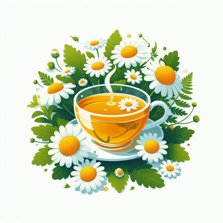 Cup of herbal tea with chamomile flowers. Vector illustration.のイラスト素材