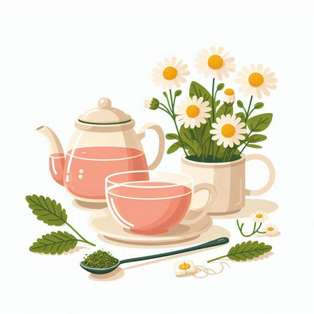 Tea set with chamomile flowers and teapot. Vector illustrationのイラスト素材