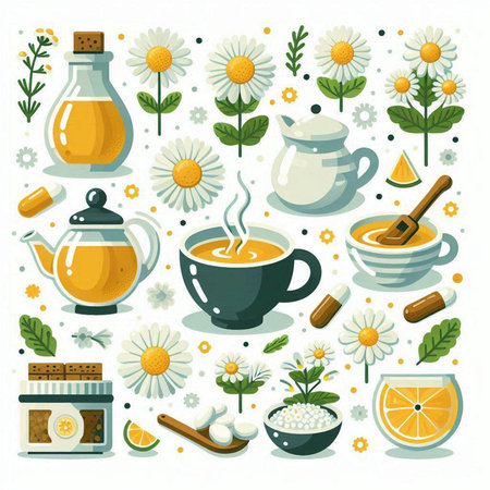 Herbal tea and ingredients. Alternative medicine. Vector flat illustration.のイラスト素材