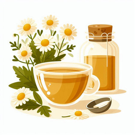 Cup of herbal tea with chamomile flowers. Vector illustration.のイラスト素材