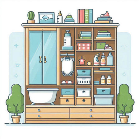Illustration of a Bathroom with Furniture and Accessories. Vectorのイラスト素材