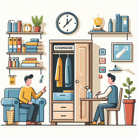 Interior of living room with furniture and man. Flat style vector illustration.のイラスト素材