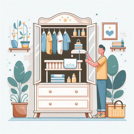 Vector illustration of a man standing near the wardrobe and choosing clothes.のイラスト素材