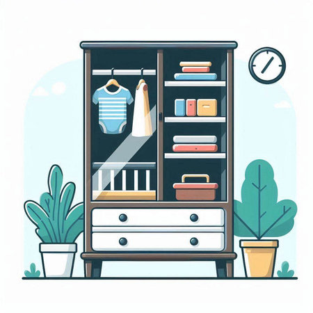 Closet with clothes and accessories. Vector illustration in flat styleのイラスト素材