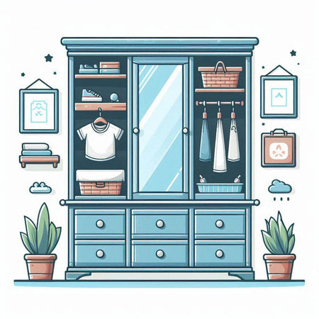 Illustration of a wardrobe with different clothes, furniture and accessories.のイラスト素材