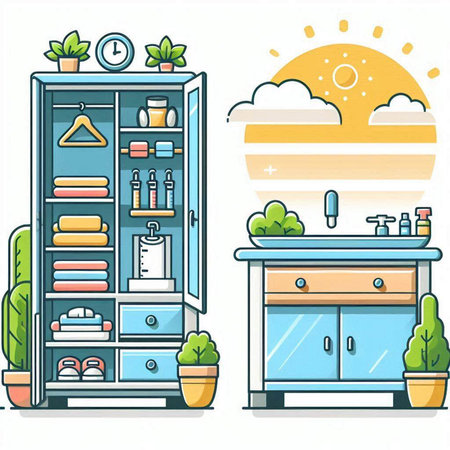 Bathroom interior vector illustration. Bathroom furniture in flat style.のイラスト素材