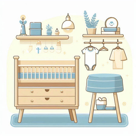 Baby room interior with furniture and accessories. Flat style vector illustration.のイラスト素材