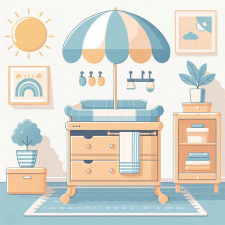 Vector illustration of children's room interior with furniture, bed and sunのイラスト素材