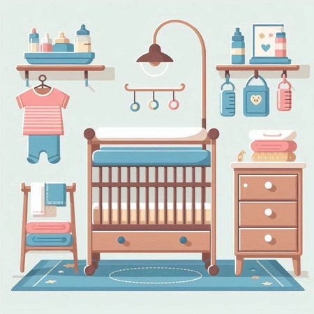 Baby room interior with bed, crib and toys. Vector illustration.のイラスト素材