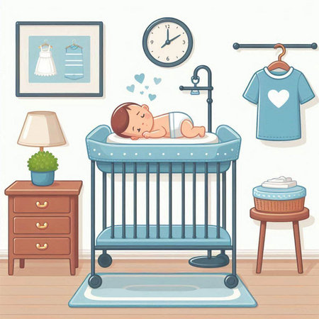Illustration of a baby boy sleeping in a baby crib at homeのイラスト素材