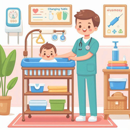 Pediatrician doctor and boy patient in hospital ward. Vector illustration.のイラスト素材