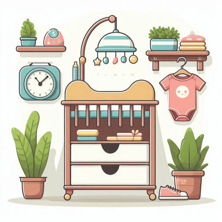 Illustration of a baby room with furniture and accessories. Vector illustration.のイラスト素材