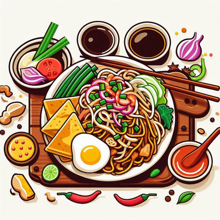 Illustration of a bowl of noodle with chopsticks, vegetables and eggsのイラスト素材