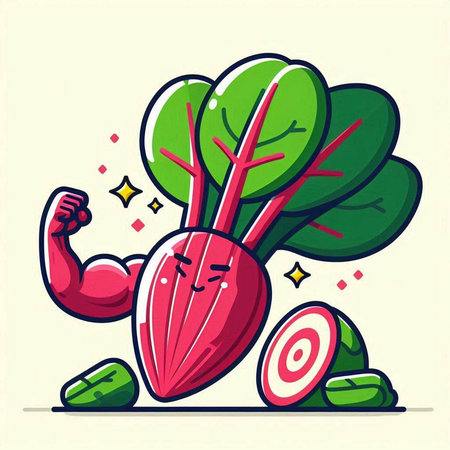 Cartoon vector illustration of healthy beetroot character with big biceps.のイラスト素材