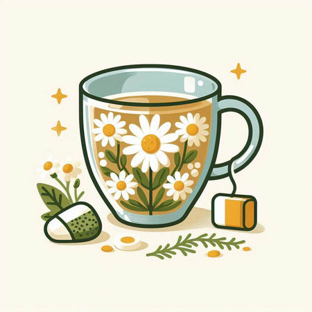 Cup of tea with chamomile flowers. Vector illustration.のイラスト素材