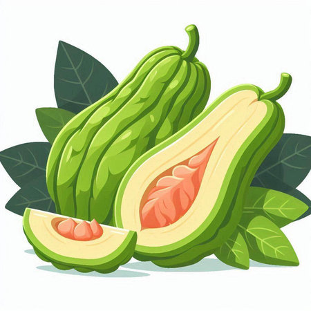 Illustration of green guava with leaves on a white background.のイラスト素材