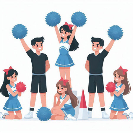 Cheerleaders and cheerleaders. Cheerleading team. Cheerleaders with pompoms. Cheerleaders on white backgroundのイラスト素材