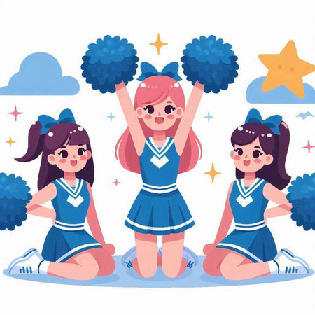 Cheerleaders with pompoms in their hands. Cheerful cheerleaders. Vector illustrationのイラスト素材
