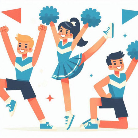 Cheerleaders vector illustration. Cheerful young men and women cheerleading.のイラスト素材