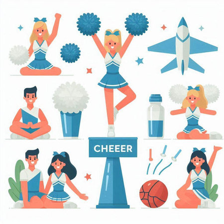 Cheerleaders characters set. Cheerleader girl and boy in sportswear. Vector flat illustrationのイラスト素材