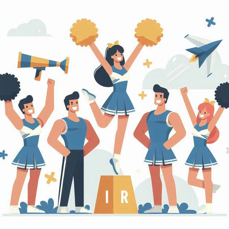 Cheerleaders with pompoms and megaphone. Vector illustration in flat styleのイラスト素材