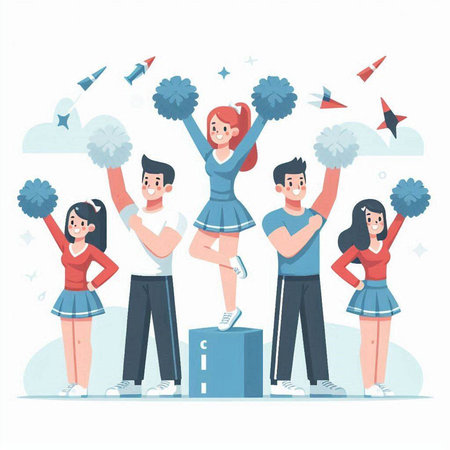 Cheerleaders at podium. Group of young people cheerleading. Flat vector illustration.のイラスト素材