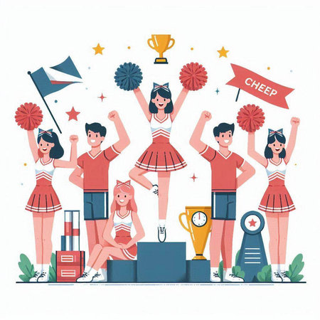 Cheerleaders and trophy on white background. Vector illustration in flat style.のイラスト素材