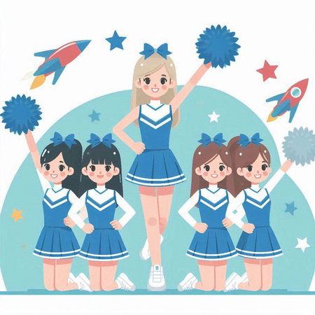 Cheerleaders with pompoms and rocket in the sky. Vector illustration.のイラスト素材