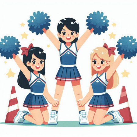 Cheerleaders with pompoms and cones. Vector illustration in cartoon style.のイラスト素材