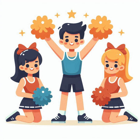 Cheerleaders with pompoms and flowers. Vector illustration in flat styleのイラスト素材
