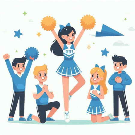 Cheerleaders vector illustration. Cheerful girls and boys cheerleader team.のイラスト素材