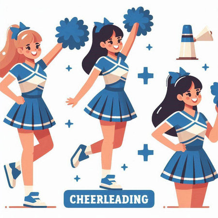 Cheerleaders flat color vector faceless characters set. Cheerleader girls isolated cartoon illustrationのイラスト素材